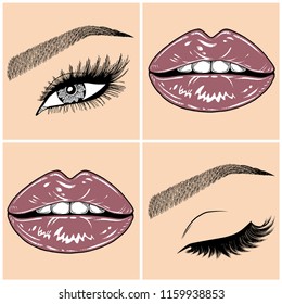 Illustration with collage of woman's eye, eyebrows, eyelashes, sexy lips and luxury lipstick . Makeup Look. Tattoo design. Logo for brow bar, lash or beauty salon.