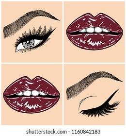Illustration with collage of woman's eye, eyebrows, eyelashes, sexy lips and luxury lipstick . Makeup Look. Tattoo design. Logo for brow bar, lash or beauty salon.