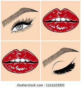 Illustration with collage of woman's eye, eyebrows, eyelashes, sexy lips and luxury lipstick . Makeup Look. Tattoo design. Logo for brow bar, lash or beauty salon.