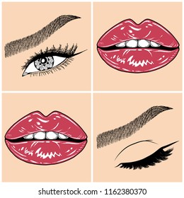 Illustration with collage of woman's eye, eyebrows, eyelashes, sexy lips and luxury lipstick . Makeup Look. Tattoo design. Logo for brow bar, lash or beauty salon.