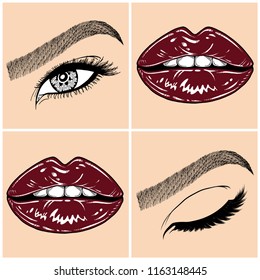 Illustration with collage of woman's eye, eyebrows, eyelashes, sexy lips and luxury lipstick . Makeup Look. Tattoo design. Logo for brow bar, lash or beauty salon.