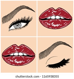 Illustration with collage of woman's eye, eyebrows, eyelashes, sexy lips and luxury lipstick . Makeup Look. Tattoo design. Logo for brow bar, lash or beauty salon.