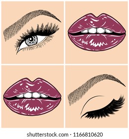 Illustration with collage of woman's eye, eyebrows, eyelashes, sexy lips and luxury lipstick . Makeup Look. Tattoo design. Logo for brow bar, lash or beauty salon.