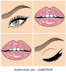 Illustration with collage of woman's eye, eyebrows, eyelashes, sexy lips and luxury lipstick . Makeup Look. Tattoo design. Logo for brow bar, lash or beauty salon.