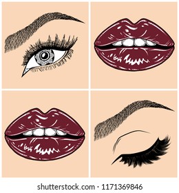 Illustration with collage of woman's eye, eyebrows, eyelashes, sexy lips and luxury lipstick . Makeup Look. Tattoo design. Logo for brow bar, lash or beauty salon.