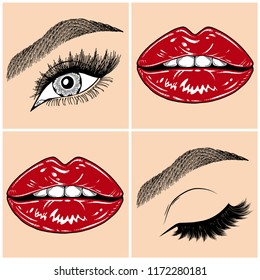 Illustration with collage of woman's eye, eyebrows, eyelashes, sexy lips and luxury lipstick . Makeup Look. Tattoo design. Logo for brow bar, lash or beauty salon.