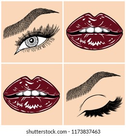 Illustration with collage of woman's eye, eyebrows, eyelashes, sexy lips and luxury lipstick . Makeup Look. Tattoo design. Logo for brow bar, lash or beauty salon.