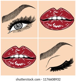Illustration with collage of woman's eye, eyebrows, eyelashes, sexy lips and luxury lipstick . Makeup Look. Tattoo design. Logo for brow bar, lash or beauty salon.