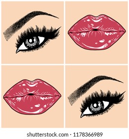 Illustration with collage of woman's eye, eyebrows, eyelashes, sexy lips and luxury lipstick . Makeup Look. Tattoo design. Logo for brow bar, lash or beauty salon.