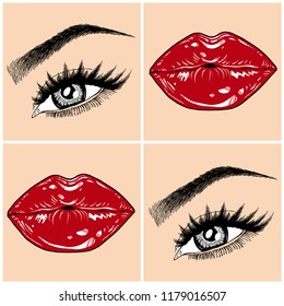 Illustration with collage of woman's eye, eyebrows, eyelashes, sexy lips and luxury lipstick . Makeup Look. Tattoo design. Logo for brow bar, lash or beauty salon.