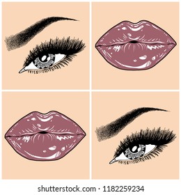 Illustration with collage of woman's eye, eyebrows, eyelashes, sexy lips and luxury lipstick . Makeup Look. Tattoo design. Logo for brow bar, lash or beauty salon.