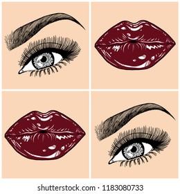 Illustration with collage of woman's eye, eyebrows, eyelashes, sexy lips and luxury lipstick . Makeup Look. Tattoo design. Logo for brow bar, lash or beauty salon.