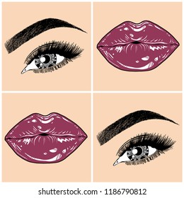 Illustration with collage of woman's eye, eyebrows, eyelashes, sexy lips and luxury lipstick . Makeup Look. Tattoo design. Logo for brow bar, lash or beauty salon.