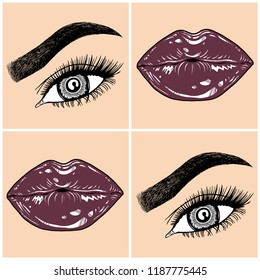 Illustration with collage of woman's eye, eyebrows, eyelashes, sexy lips and luxury lipstick . Makeup Look. Tattoo design. Logo for brow bar, lash or beauty salon.