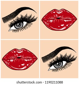 Illustration with collage of woman's eye, eyebrows, eyelashes, sexy lips and luxury lipstick . Makeup Look. Tattoo design. Logo for brow bar, lash or beauty salon.