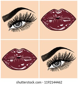 Illustration with collage of woman's eye, eyebrows, eyelashes, sexy lips and luxury lipstick . Makeup Look. Tattoo design. Logo for brow bar, lash or beauty salon.