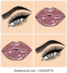 Illustration with collage of woman's eye, eyebrows, eyelashes, sexy lips and luxury lipstick . Makeup Look. Tattoo design. Logo for brow bar, lash or beauty salon.