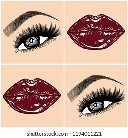 Illustration with collage of woman's eye, eyebrows, eyelashes, sexy lips and luxury lipstick . Makeup Look. Tattoo design. Logo for brow bar, lash or beauty salon.