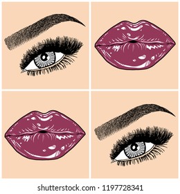 Illustration with collage of woman's eye, eyebrows, eyelashes, sexy lips and luxury lipstick . Makeup Look. Tattoo design. Logo for brow bar, lash or beauty salon.