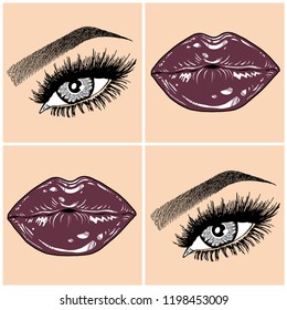 Illustration with collage of woman's eye, eyebrows, eyelashes, sexy lips and luxury lipstick . Makeup Look. Tattoo design. Logo for brow bar, lash or beauty salon.