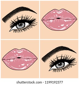 Illustration with collage of woman's eye, eyebrows, eyelashes, sexy lips and luxury lipstick . Makeup Look. Tattoo design. Logo for brow bar, lash or beauty salon.
