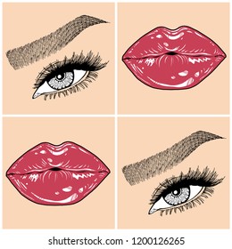 Illustration with collage of woman's eye, eyebrows, eyelashes, sexy lips and luxury lipstick . Makeup Look. Tattoo design. Logo for brow bar, lash or beauty salon.