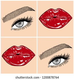 Illustration with collage of woman's eye, eyebrows, eyelashes, sexy lips and luxury lipstick . Makeup Look. Tattoo design. Logo for brow bar, lash or beauty salon.
