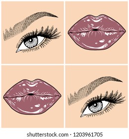 Illustration with collage of woman's eye, eyebrows, eyelashes, sexy lips and luxury lipstick . Makeup Look. Tattoo design. Logo for brow bar, lash or beauty salon.