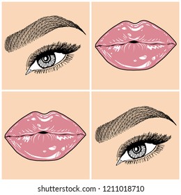 Illustration with collage of woman's eye, eyebrows, eyelashes, sexy lips and luxury lipstick . Makeup Look. Tattoo design. Logo for brow bar, lash or beauty salon.