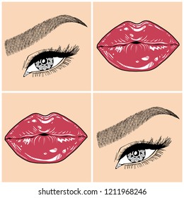 Illustration with collage of woman's eye, eyebrows, eyelashes, sexy lips and luxury lipstick . Makeup Look. Tattoo design. Logo for brow bar, lash or beauty salon.