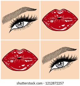 Illustration with collage of woman's eye, eyebrows, eyelashes, sexy lips and luxury lipstick . Makeup Look. Tattoo design. Logo for brow bar, lash or beauty salon.