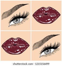 Illustration with collage of woman's eye, eyebrows, eyelashes, sexy lips and luxury lipstick . Makeup Look. Tattoo design. Logo for brow bar, lash or beauty salon.