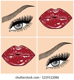 Illustration with collage of woman's eye, eyebrows, eyelashes, sexy lips and luxury lipstick . Makeup Look. Tattoo design. Logo for brow bar, lash or beauty salon.