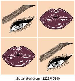 Illustration with collage of woman's eye, eyebrows, eyelashes, sexy lips and luxury lipstick . Makeup Look. Tattoo design. Logo for brow bar, lash or beauty salon.