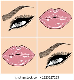 Illustration with collage of woman's eye, eyebrows, eyelashes, sexy lips and luxury lipstick . Makeup Look. Tattoo design. Logo for brow bar, lash or beauty salon.