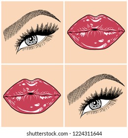 Illustration with collage of woman's eye, eyebrows, eyelashes, sexy lips and luxury lipstick . Makeup Look. Tattoo design. Logo for brow bar, lash or beauty salon.