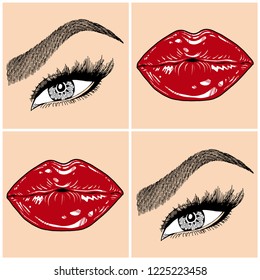 Illustration with collage of woman's eye, eyebrows, eyelashes, sexy lips and luxury lipstick . Makeup Look. Tattoo design. Logo for brow bar, lash or beauty salon.