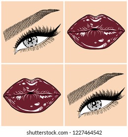 Illustration with collage of woman's eye, eyebrows, eyelashes, sexy lips and luxury lipstick . Makeup Look. Tattoo design. Logo for brow bar, lash or beauty salon.
