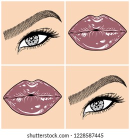 Illustration with collage of woman's eye, eyebrows, eyelashes, sexy lips and luxury lipstick . Makeup Look. Tattoo design. Logo for brow bar, lash or beauty salon.