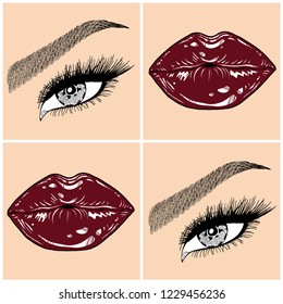 Illustration with collage of woman's eye, eyebrows, eyelashes, sexy lips and luxury lipstick . Makeup Look. Tattoo design. Logo for brow bar, lash or beauty salon.