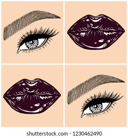 Illustration with collage of woman's eye, eyebrows, eyelashes, sexy lips and luxury lipstick . Makeup Look. Tattoo design. Logo for brow bar, lash or beauty salon.