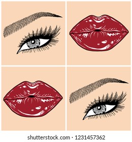 Illustration with collage of woman's eye, eyebrows, eyelashes, sexy lips and luxury lipstick . Makeup Look. Tattoo design. Logo for brow bar, lash or beauty salon.
