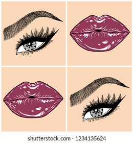 Illustration with collage of woman's eye, eyebrows, eyelashes, sexy lips and luxury lipstick . Makeup Look. Tattoo design. Logo for brow bar, lash or beauty salon.