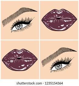 Illustration with collage of woman's eye, eyebrows, eyelashes, sexy lips and luxury lipstick . Makeup Look. Tattoo design. Logo for brow bar, lash or beauty salon.