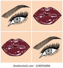 Illustration with collage of woman's eye, eyebrows, eyelashes, sexy lips and luxury lipstick . Makeup Look. Tattoo design. Logo for brow bar, lash or beauty salon.