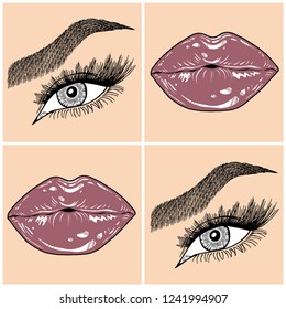 Illustration with collage of woman's eye, eyebrows, eyelashes, sexy lips and luxury lipstick . Makeup Look. Tattoo design. Logo for brow bar, lash or beauty salon.