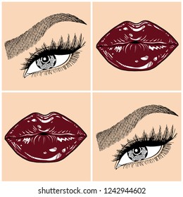 Illustration with collage of woman's eye, eyebrows, eyelashes, sexy lips and luxury lipstick . Makeup Look. Tattoo design. Logo for brow bar, lash or beauty salon.