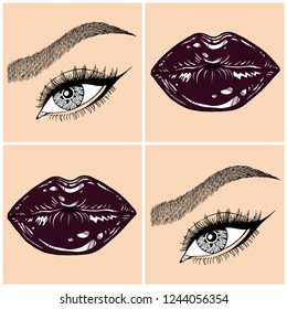 Illustration with collage of woman's eye, eyebrows, eyelashes, sexy lips and luxury lipstick . Makeup Look. Tattoo design. Logo for brow bar, lash or beauty salon.