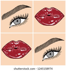 Illustration with collage of woman's eye, eyebrows, eyelashes, sexy lips and luxury lipstick . Makeup Look. Tattoo design. Logo for brow bar, lash or beauty salon.