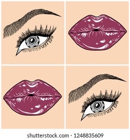Illustration with collage of woman's eye, eyebrows, eyelashes, sexy lips and luxury lipstick . Makeup Look. Tattoo design. Logo for brow bar, lash or beauty salon.